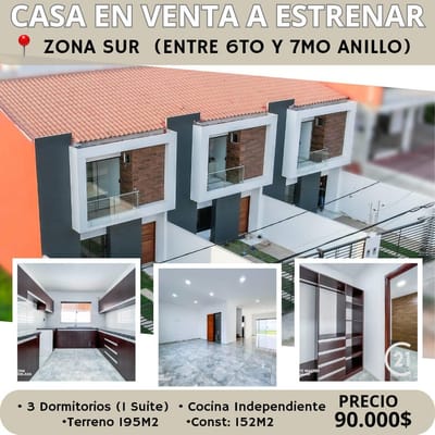 CASA EN VENTA A ESTRENAR Entre Av. Radial 13 y Santos dumont  6to y 7mo anillo 