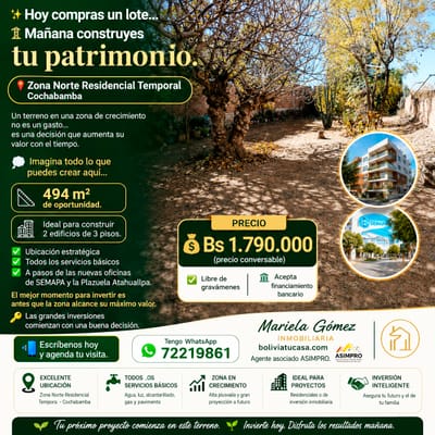 LOTE EN VENTA, ZONA NORTE DE TEMPORAL COCHABAMBA