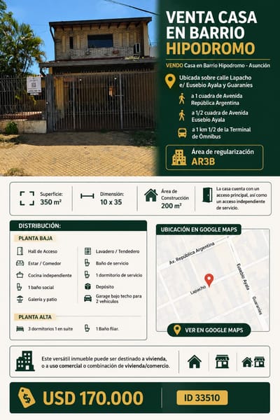 VENDO CASA DE 3 DORMITORIOS EN BARRIO HIPÓDROMO, ASUNCIÓN 