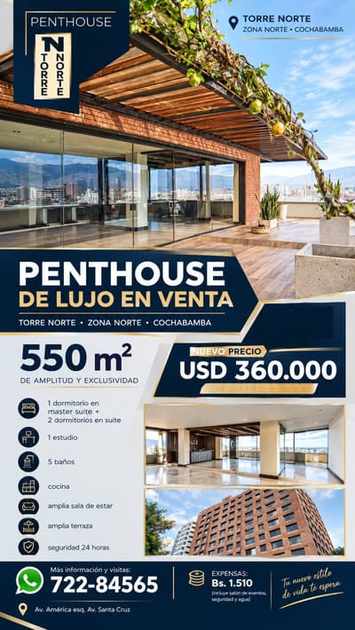 Departamento Penthouse De Lujo En Venta - Zona Norte
