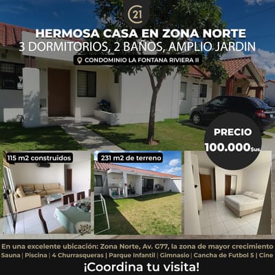 HERMOSA CASA EN ZONA NORTE, 3 DORMITORIOS, 2 BANOS, AMPLIO JARDIN