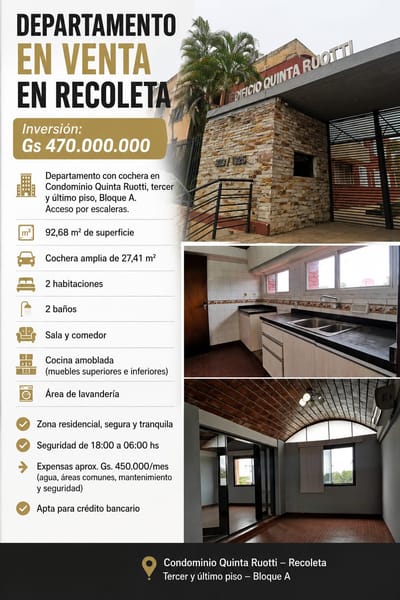 VENDO DEPARTAMENTO EN QUINTA RUOTTI 2 DORMITORIOS CON ESTACIONAMIENTO 