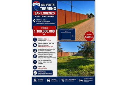 VENDO TERRENO EN SAN LORENZO CAPILLA DEL MONTE DE 1.260mts2
