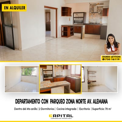 Departamento de 2 dormitorios y parqueo, incluye servicios