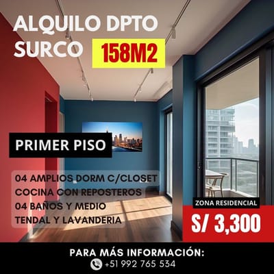 DEPARTAMENTO 1ER PISO 158m², S/. 3,300 – Santiago de Surco