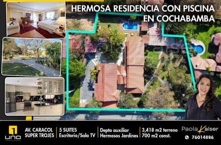 Hermosa casa con piscina en venta, Avenida Caracol, Super Trojes, Cochabamba