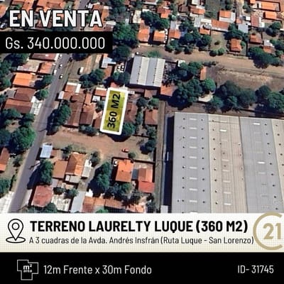 TERRENO EN LAURELTY LUQUE - A 1 CUADRA DE LA RUTA LUQUE - SAN LORENZO