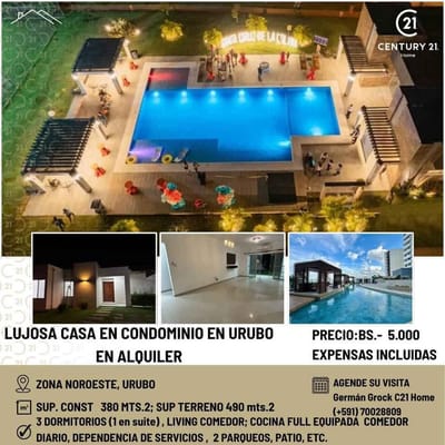 LUJOSA CASA EN ALQUILER, EN CONDOMINIO EN URUBO