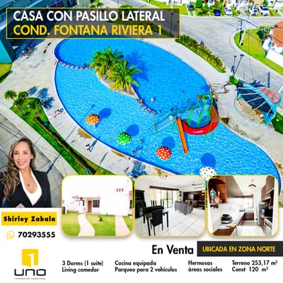 CASA EN VENTA CON PASILLO LATERAL CONDOMINIO LA FONTANA RIVIERA 1 