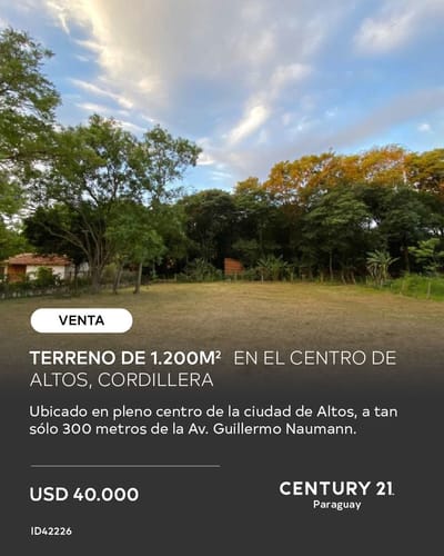 EN VENTA TERRENO DE 1.200 m² EN EL CENTRO DE ALTOS, CORDILLERA 