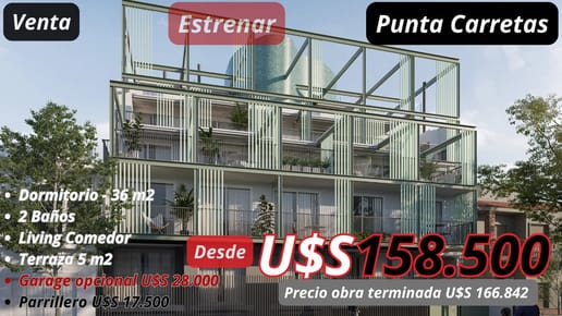 Punta Carretas - Estrenar Septiembre - 1 Dormitorio 2 Baños Terraza - Lateral