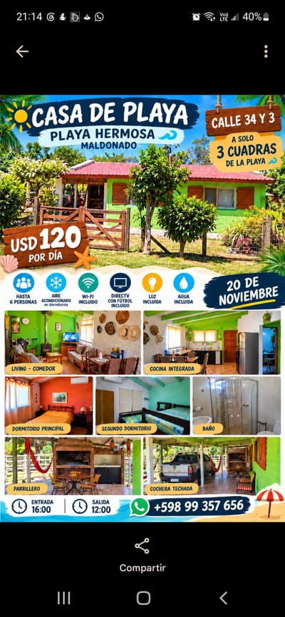 ALQUILO EN TEMPORADA CASA EN PLAYA HERMOSA A 3 CUADRAS DE LA PLAYA