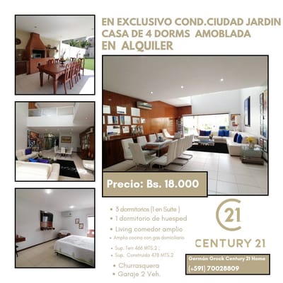 AMPLIA CASA AMOBLADA DE 4 DORMS EN ALQUILER,AV BANZER Y 6TO ANILLO
