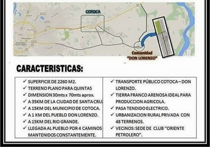Lotes para Quintas, de 22.280 m2 a 35 km, zona Este. Mun. de Cotoca, Don Lorenzo
