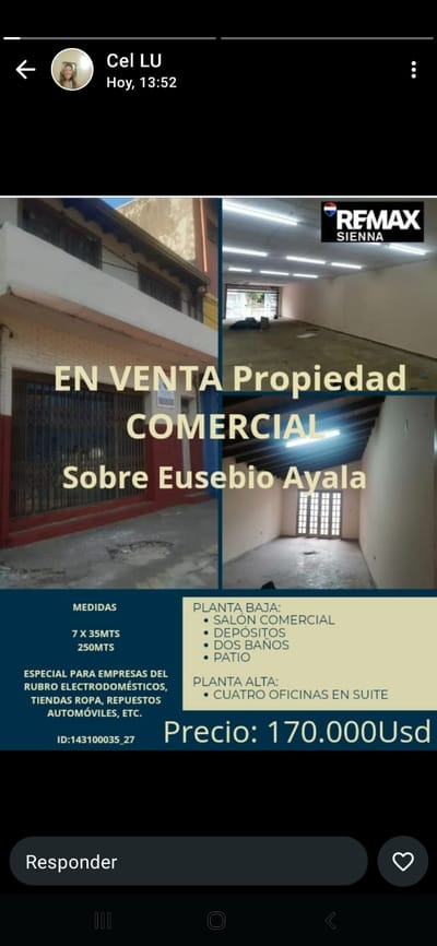 En Venta Propiedad Comercial.Avda.Eusebio Ayala.258mts.