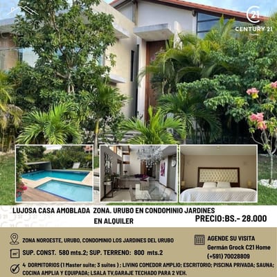 LUJOSA CASA AMOBLADA EN ALQUILER,DE 4 SUITES, EN CONDOMINIO EN URUBO