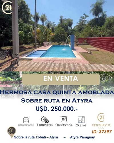 ¡EN VENTA HERMOSA QUINTA AMOBLADA – "PERLA ROGA" EN ATYRÃ!