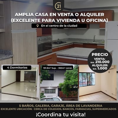 AMPLIA CASA EN ALQUILER O VENTA (EXCELENTE PARA VIVIENDA U OFICINA)   