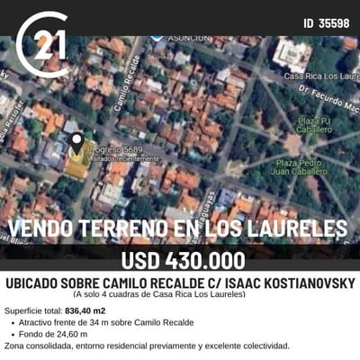 Terreno 836 m² sobre Camilo Recalde | Los Laureles