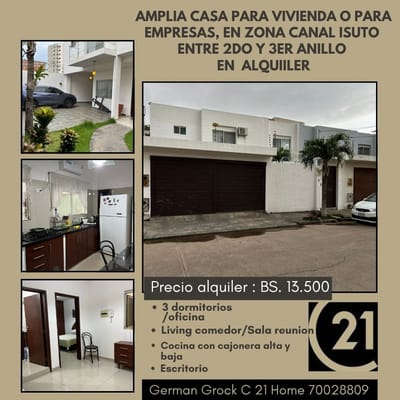Para Vivienda o  Empresa,amplia Casa En Alquiler Z.Av Canal Isuto y 2do Anillo