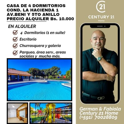 LUJOSA CASA DE 4 DORMS (1 EN SUITE) EN COND.LA HACIENDA, AV BENI Y 5TO ANILLO