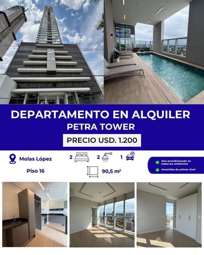 Alquilo Departamento de 2 habitaciones con cochera en en edificio Petra Tower 