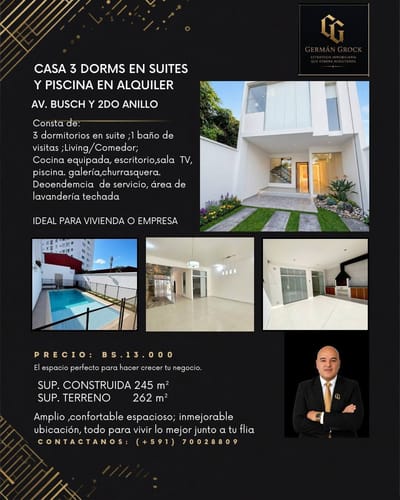 LUJOSA CASA DE 3 DORMS EN SUTE Y CON PISCINA EN ALQUILER AV USCH Y 2DO ANILLO