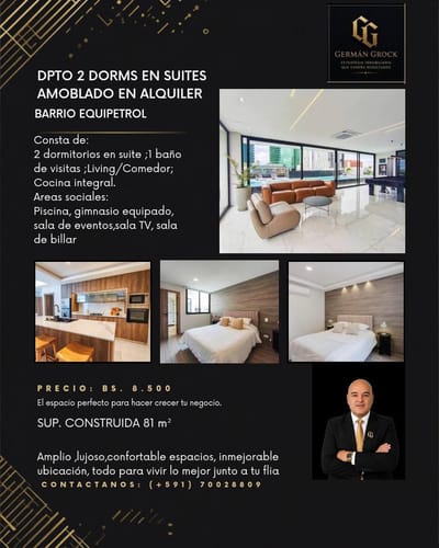 LUJOSO Y AMOBLADO DEPARTAMENTO DE 2 SUITES EN ALQUILER B. EQUIPETROL