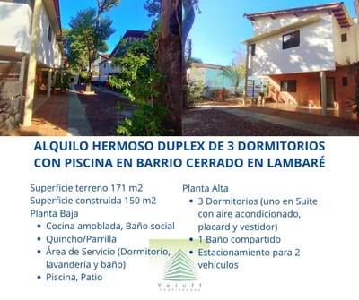 HERMOSO DUPLEX DE 3 DORMITORIOS CON PISCINA EN BARRIO CERRADO EN LAMBARÉ