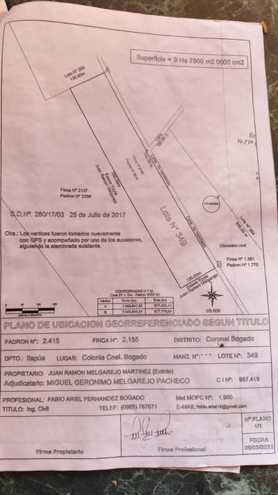 Vendo terreno para inversion inmobiliaria de 97.500m2 ciudad de Coronel Bogado.
