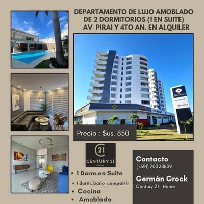 LUJOSO DPTO AMOBLADO DE 2 DORMTORIOS,AV PIRAI