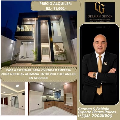 MODERNA CASA A ESTRENAR EN ALLQUILER.AV ALEMANA Y 2DO ANILLO