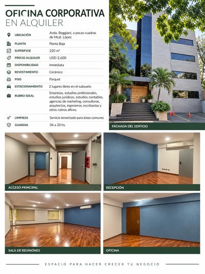 OFICINA CORPORATIVA EN ALQUILER SOBRE AVDA. BOGGIANI | 220 M² EN PLANTA BAJA