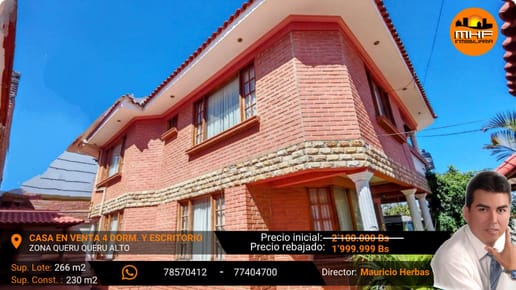 ¡Super Oferta! Casa En Venta  4 Dorm. Escritorio Queru Queru Alto Cbba.