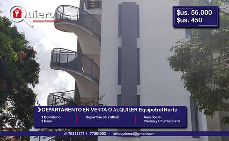 Departamento Mono-ambiente en Venta o Alquiler Equipetrol Norte