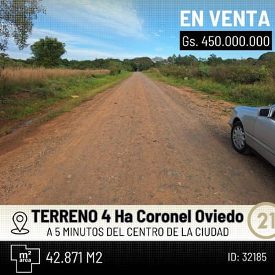 OFERTA!  Terreno de 4 Hectáreas a 5 min. Del Centro de Coronel Oviedo