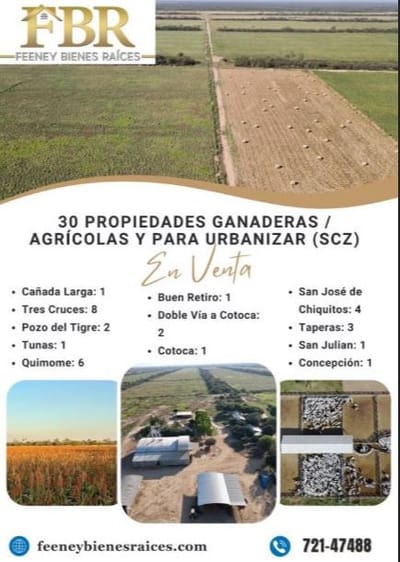 En Venta 30 Propiedades Rurales y Para Urbanizar en SCZ