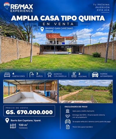AMPLIA CASA TIPO QUINTA EN VENTA – YPANÉ