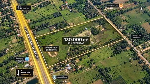 Terreno estratégico de 13 hectáreas de calle a calle sobre la Ruta Transchaco