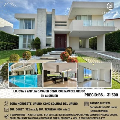 LUJOSA MANSION DE 4 SUITES EN COND. COLINAS DEL URUBO EN ALQUILER