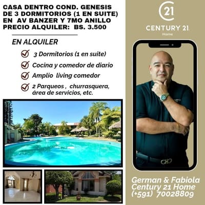 A SOLO BS 3.500,CASA EN ALQUILER,DENTRO CONDOMINIO AV BANZER Y 7MO ANILLO