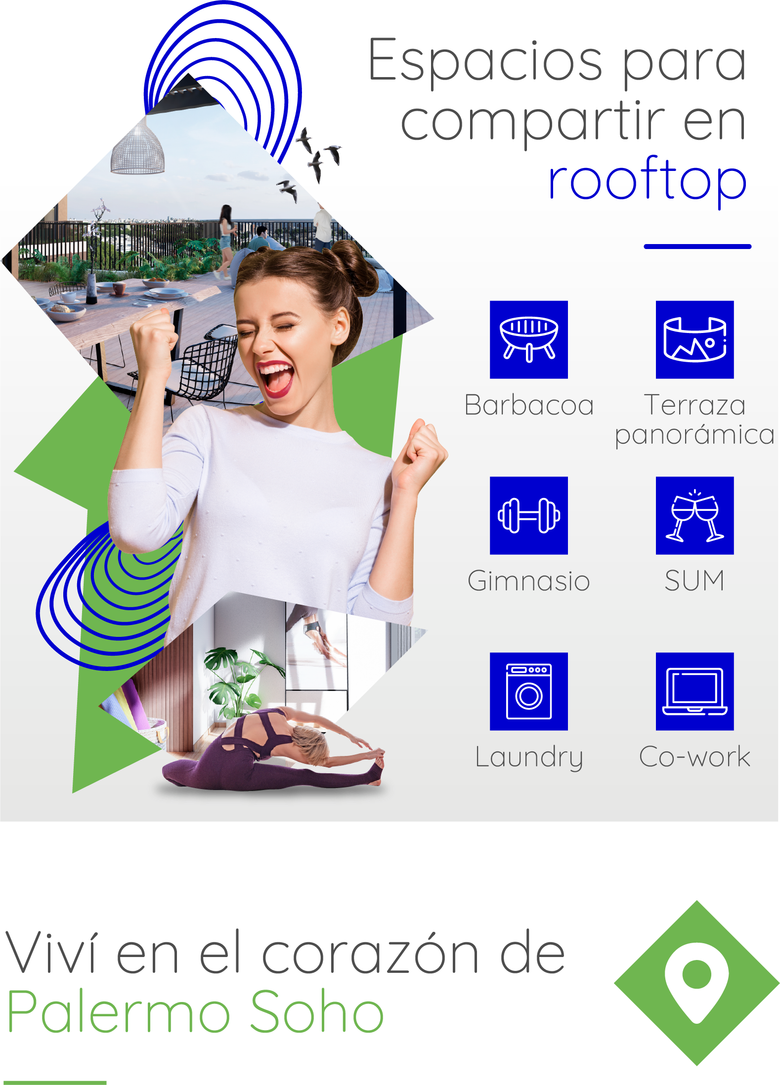 Espacios para compartir en rooftop : Barbacoa, Terraza Panorámica, Gimnasio, SUM, Laundry, Co-work