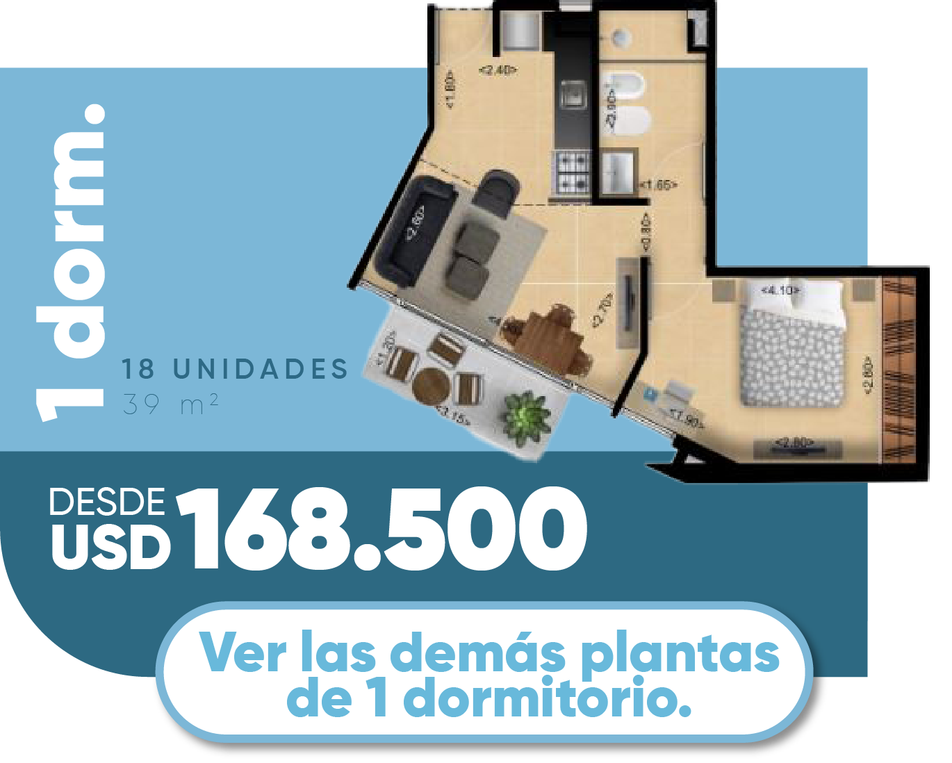 18 unidades de 1 dorm de 51.9m2 desde USD 150,400
