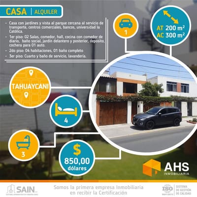 Alquilo Amplia Casa con 4 Habitaciones, Jardines y Vista Al Parque en Tahuaycani