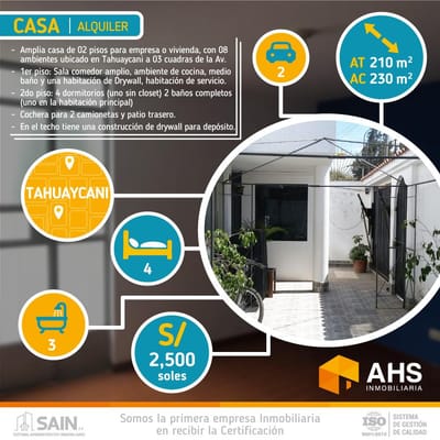 Alquilo Casa Para Empresa o Vivienda con 08 Ambientes y Cochera Para 02 Carros